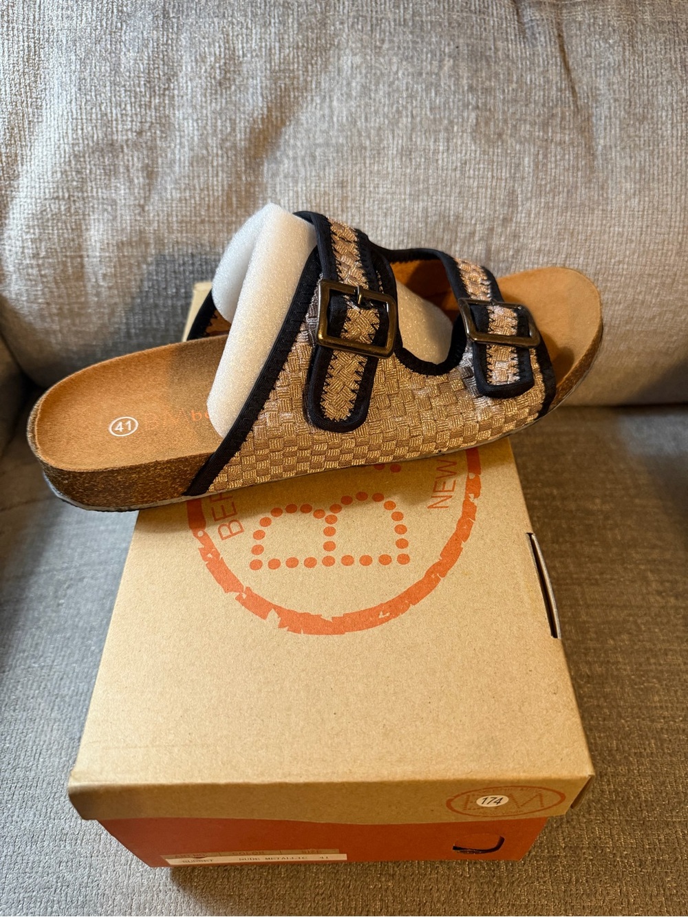Woven Double-Buckle Slide Sandal in Beige